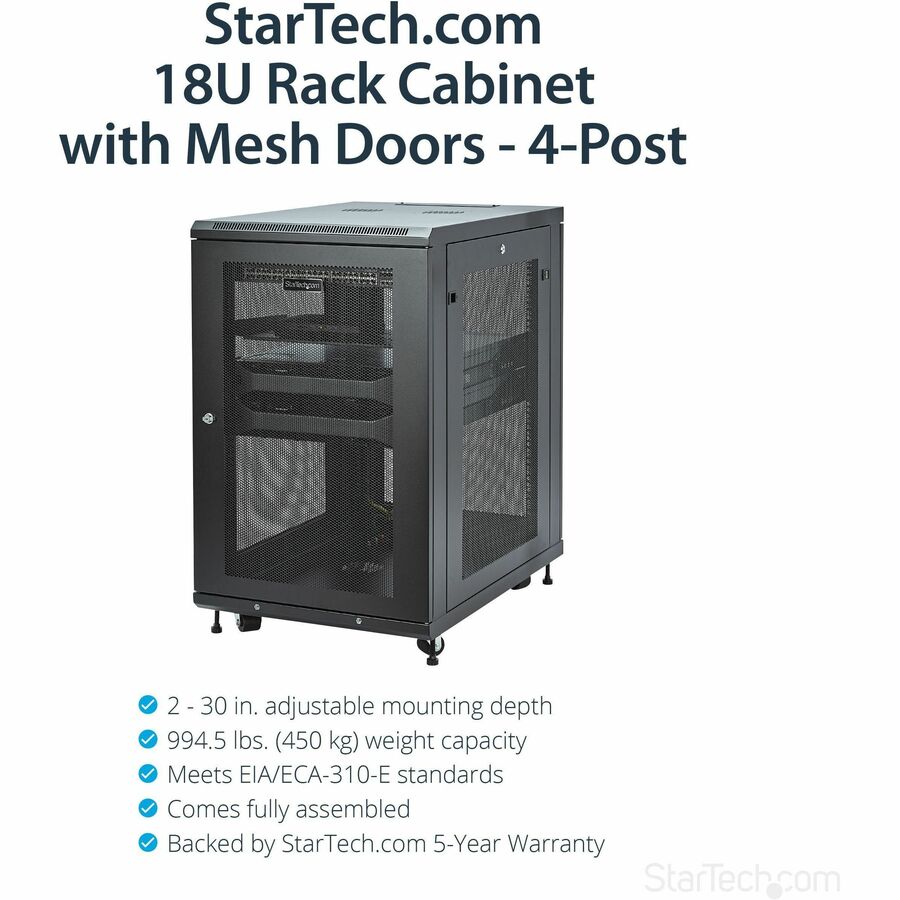 StarTech.com 18U 19" Server Rack Cabinet 4 Post Adjustable Depth 2-30" w/Casters/Cable Management/1U Shelf, Locking Doors and Side Panels