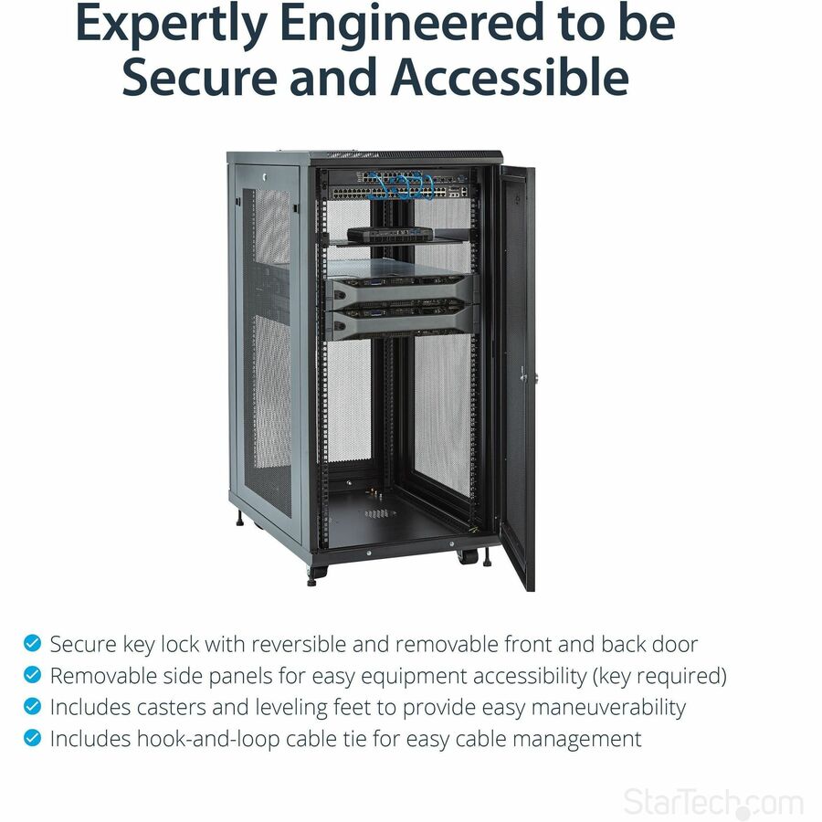 StarTech.com 24U 19" Server Rack Cabinet 4 Post Adjustable Depth 2-30" w/Casters/Cable Management/1U Shelf, Locking Doors and Side Panels