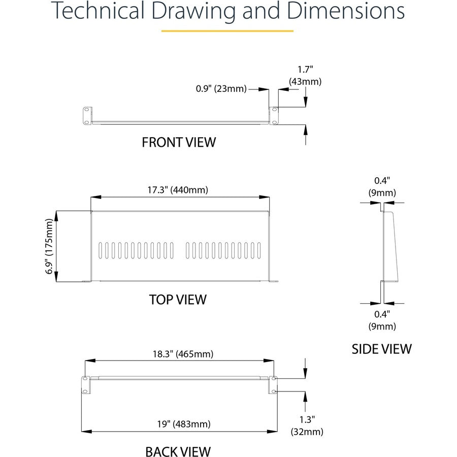 StarTech.com 1U Vented Server Rack Cabinet Shelf - Fixed 7in Deep Cantilever Rackmount Tray for 19" Data/AV/Network Enclosure w/Cage Nuts