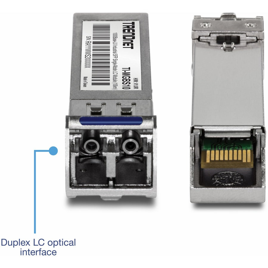 TRENDnet SFP to RJ45 Industrial Single-Mode LC Module (10km); TI-MGBS10; 1000Base-LX Industrial SFP; Compliant with IEEE 802.3z Gigabit Ethernet; Data Rates of up to 1.25Gbps; Lifetime Protection