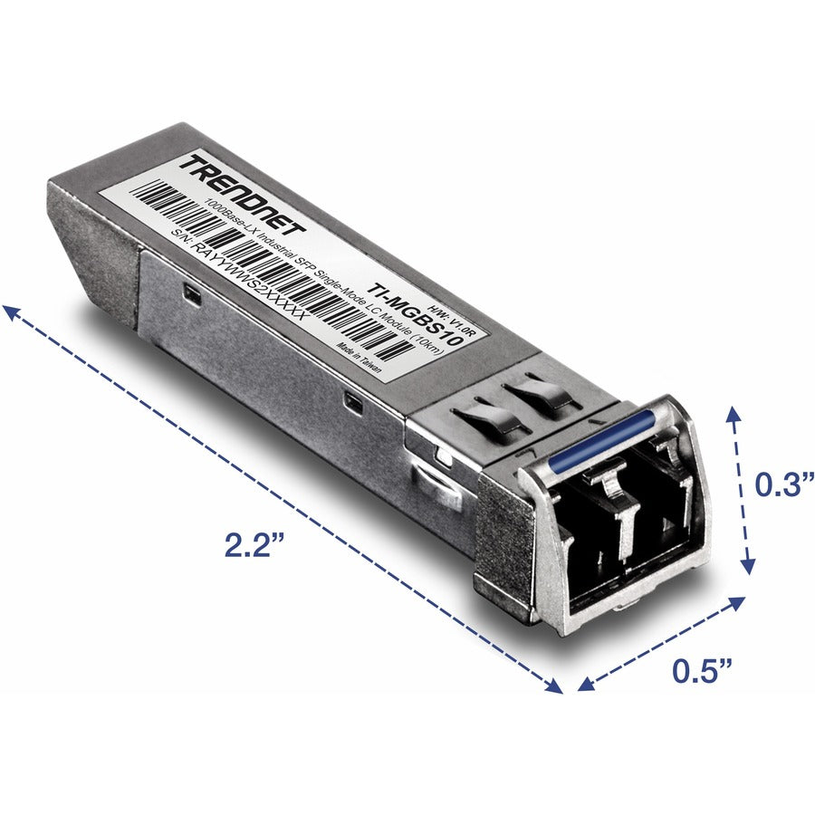 TRENDnet SFP to RJ45 Industrial Single-Mode LC Module (10km); TI-MGBS10; 1000Base-LX Industrial SFP; Compliant with IEEE 802.3z Gigabit Ethernet; Data Rates of up to 1.25Gbps; Lifetime Protection