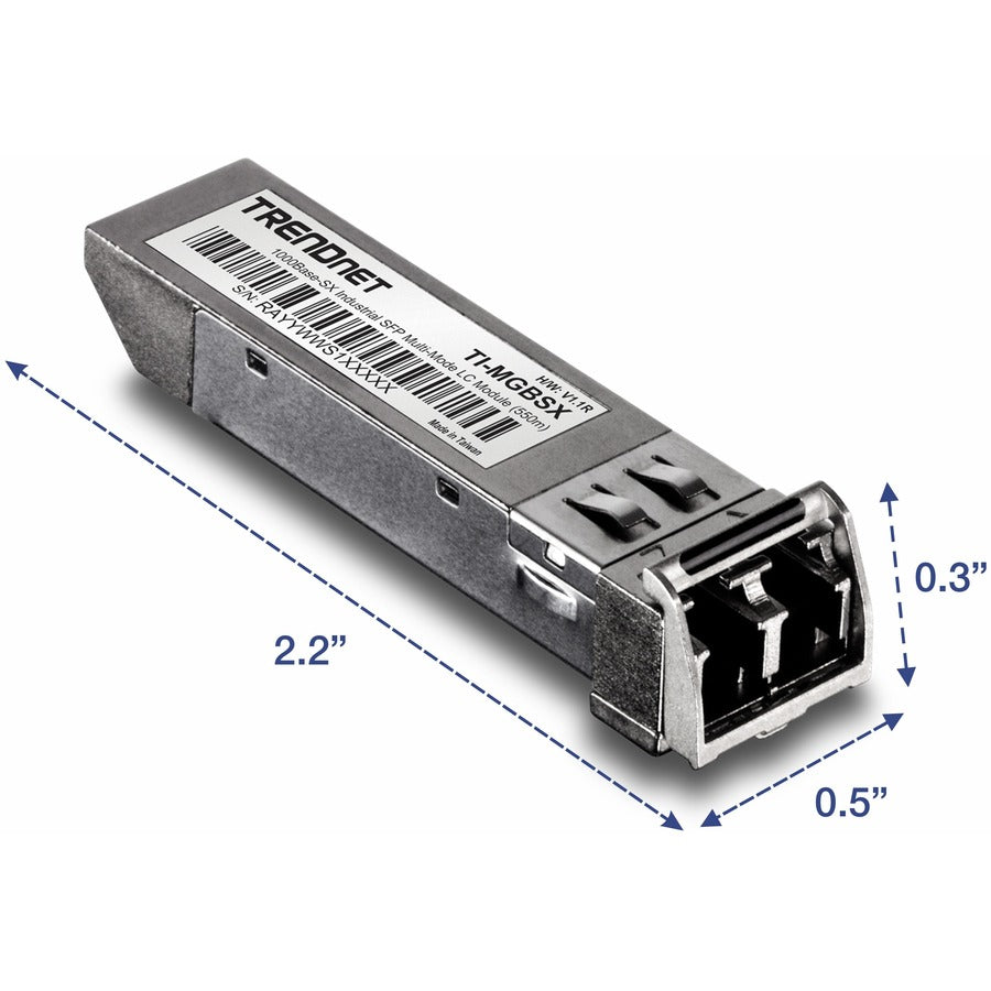 TRENDnet 1000Base- SX Industrial SFP to RJ45 Multi-Mode LC Module; TI-MGBSX; Up to 550m (1;804 Ft); IEE 802.3z; ANSI Fiber Channel; Data Rates up to 1.25Gbps; LC-Type Duplex; Lifetime Protection