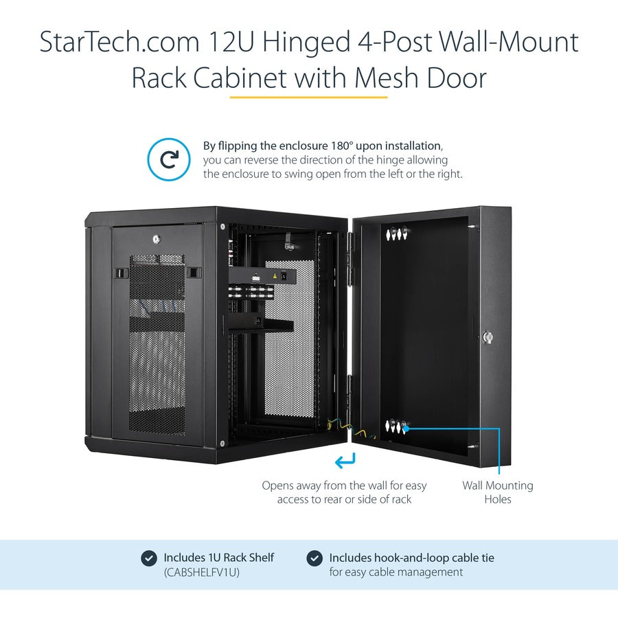 StarTech.com 4-Post 12U Wall Mount Network Cabinet, 19" Hinged Wall-Mounted Server Rack for IT Equipment, Flexible Lockable Rack Enclosure