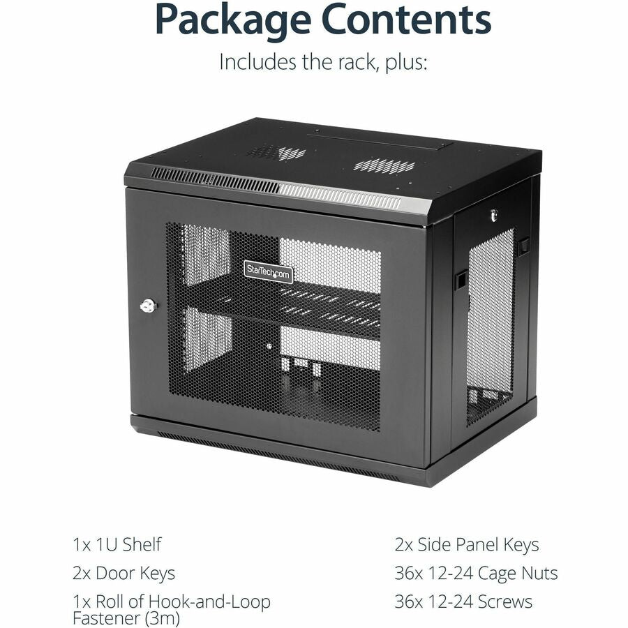 StarTech.com 2-Post 9U Wall Mount Network Cabinet, 19" Wall-Mounted Server Rack for Data / IT Equipment, Small Lockable Rack Enclosure