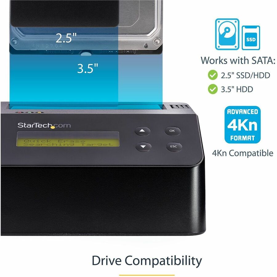 StarTech.com Hard Drive Eraser, Standalone HDD/SSD Sanitizer, 4Kn, Secure Erase Hard Disk Wiper Dock, Hardware Erasing Tool, TAA Compliant