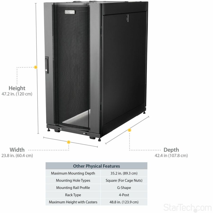 StarTech.com 4-Post 25U Server Rack Cabinet, 19" Data Rack Cabinet for Computer / IT Equipment, Home Network Rack, Half Height Server Rack
