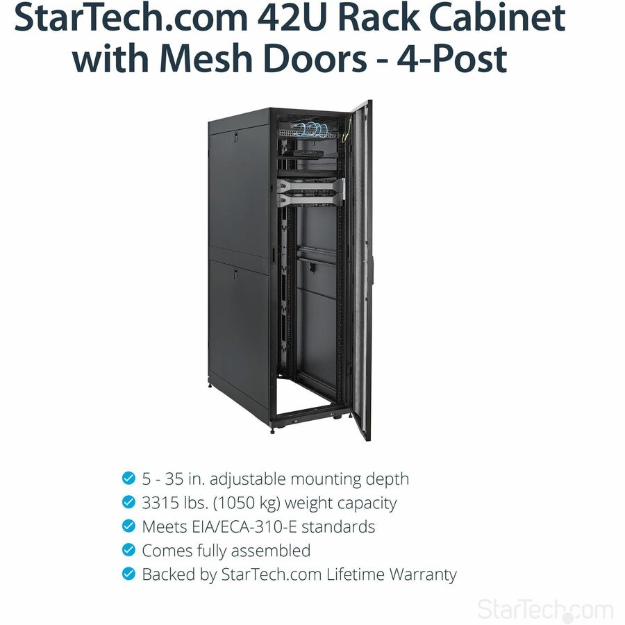 StarTech.com 4-Post 42U Server Rack Cabinet, 19" Data Rack Cabinet for Computer / IT Equipment mount, Rack Server Cabinet with Casters