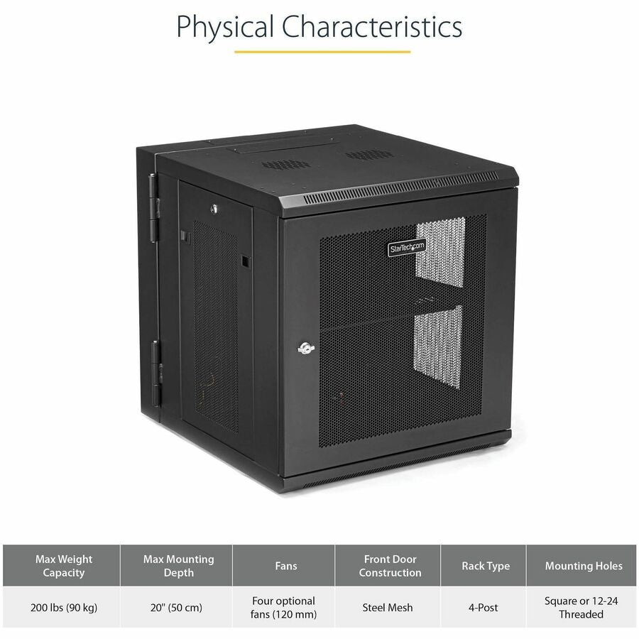 StarTech.com 4-Post 12U Wall Mount Network Cabinet, 19" Hinged Wall-Mounted Server Rack for IT Equipment, Flexible Lockable Rack Enclosure