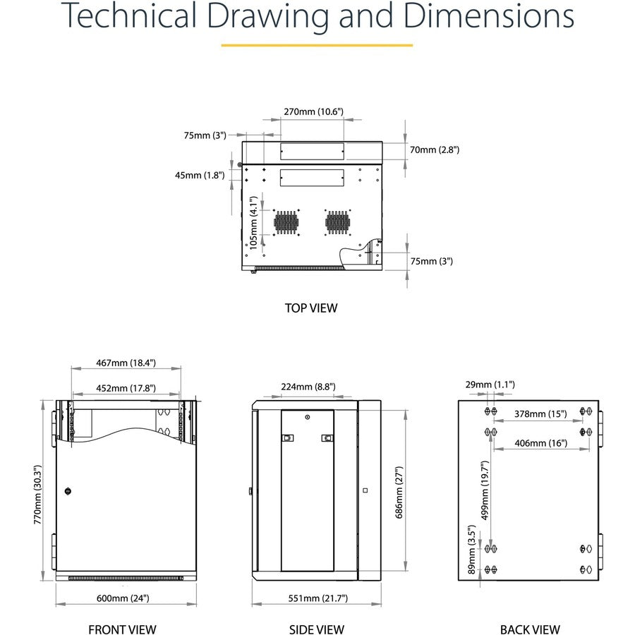 StarTech.com 4-Post 15U Wall Mount Network Cabinet, 19" Hinged Wall-Mounted Server Rack for Data / IT Equipment, Lockable Rack Enclosure