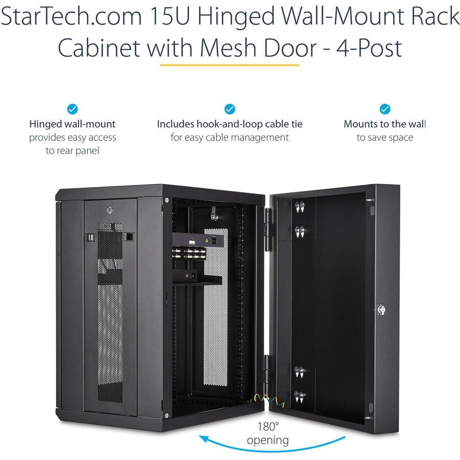 StarTech.com 4-Post 15U Wall Mount Network Cabinet, 19" Hinged Wall-Mounted Server Rack for Data / IT Equipment, Lockable Rack Enclosure