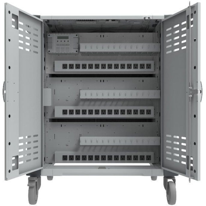 Rocstor Volt® C42 Charging Cart with Intelligent Power Charging - Up to 42 Device Intelligent Power Charging Cart for Notebooks, Chromebook®, MacBook®, and Macbook® Pro- 3 Slide-out shelves - Push Handle - 4 Heavy Duty 5" Casters - Steel C