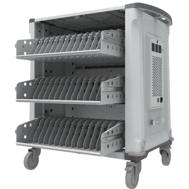 Rocstor Volt® C42 Charging Cart with Intelligent Power Charging - Up to 42 Device Intelligent Power Charging Cart for Notebooks, Chromebook®, MacBook®, and Macbook® Pro- 3 Slide-out shelves - Push Handle - 4 Heavy Duty 5" Casters - Steel C