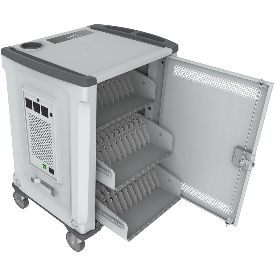 Rocstor Volt® C32 Charging Cart with Intelligent Power Charging - Up to 32 Device Intelligent Power Charging Cart for Notebooks, Chromebook®, MacBook®, and Macbook® Pro- 3 Slide-out shelves - Push Handle - 4 Heavy Duty 5" Casters - Steel C