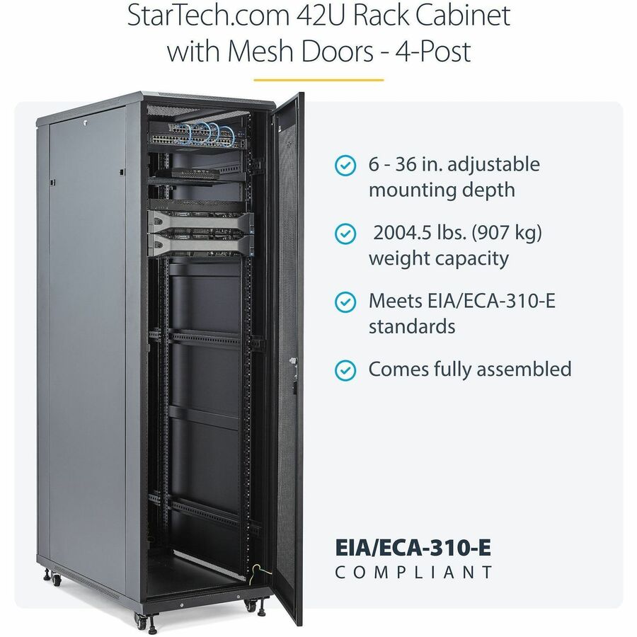 StarTech.com 4-Post 42U Server Rack Cabinet, 19" Data Rack Cabinet for Computer / IT Equipment mount, Rack Server Cabinet with Casters