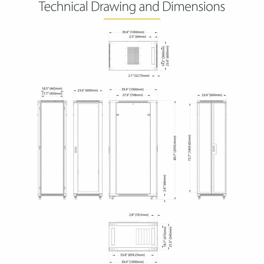 StarTech.com 4-Post 42U Server Rack Cabinet, 19" Data Rack Cabinet for Computer / IT Equipment mount, Rack Server Cabinet with Casters