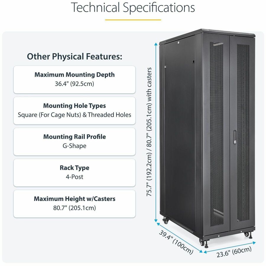 StarTech.com 4-Post 42U Server Rack Cabinet, 19" Data Rack Cabinet for Computer / IT Equipment mount, Rack Server Cabinet with Casters