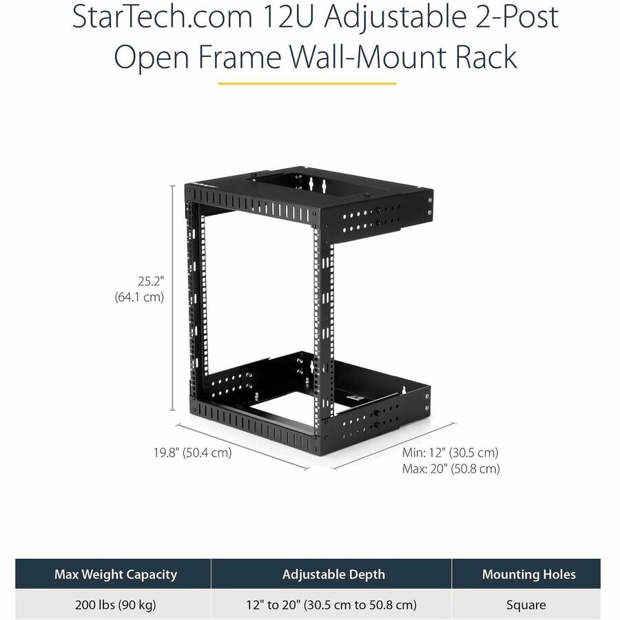 StarTech.com 2-Post 12U Heavy-Duty Wall Mount Network Rack, 19" Open Frame Server Rack with Adjustable Depth, Data Rack for IT Equipment~