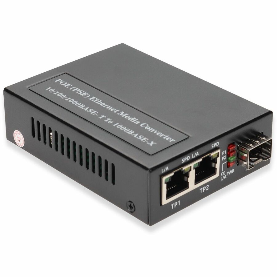 AddOn 10/100/1000Base-TX(RJ-45) x2 to 1 Open SFP Port POE (15W) Media Converter