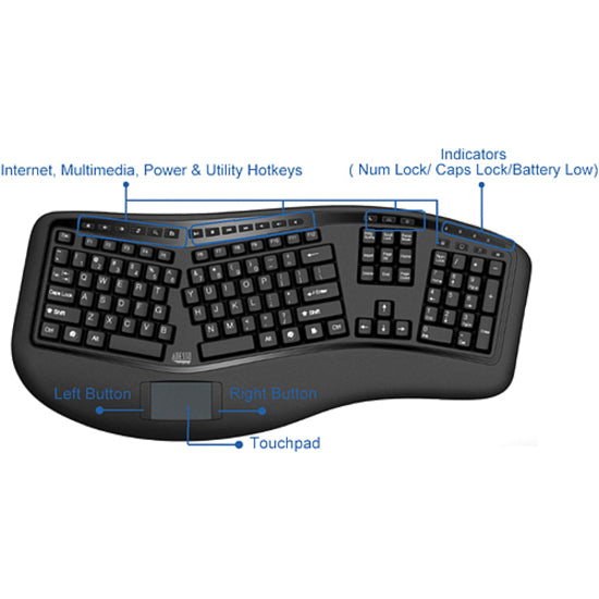Adesso 2.4GHz Wireless Ergonomic Touchpad Keyboard