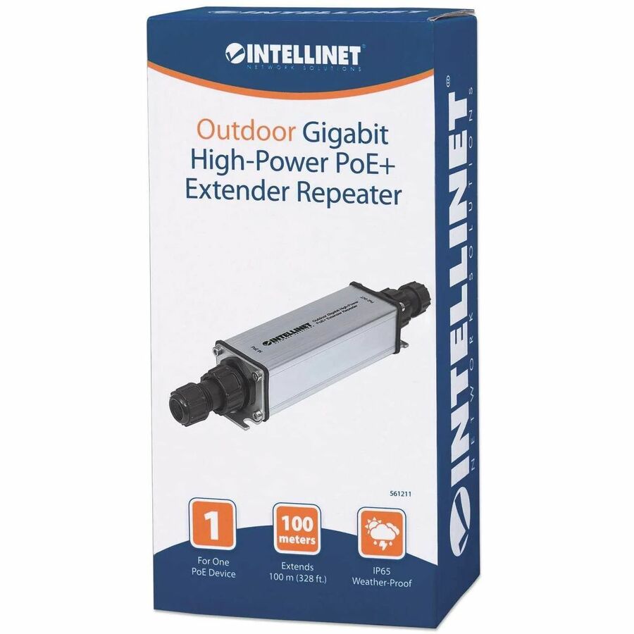Intellinet Network Solutions Outdoor Gigabit High-Power PoE+ Extender Repeater, Extends Range Beyond the 328 ft (100 m) Limit, Metal Housing, IP65