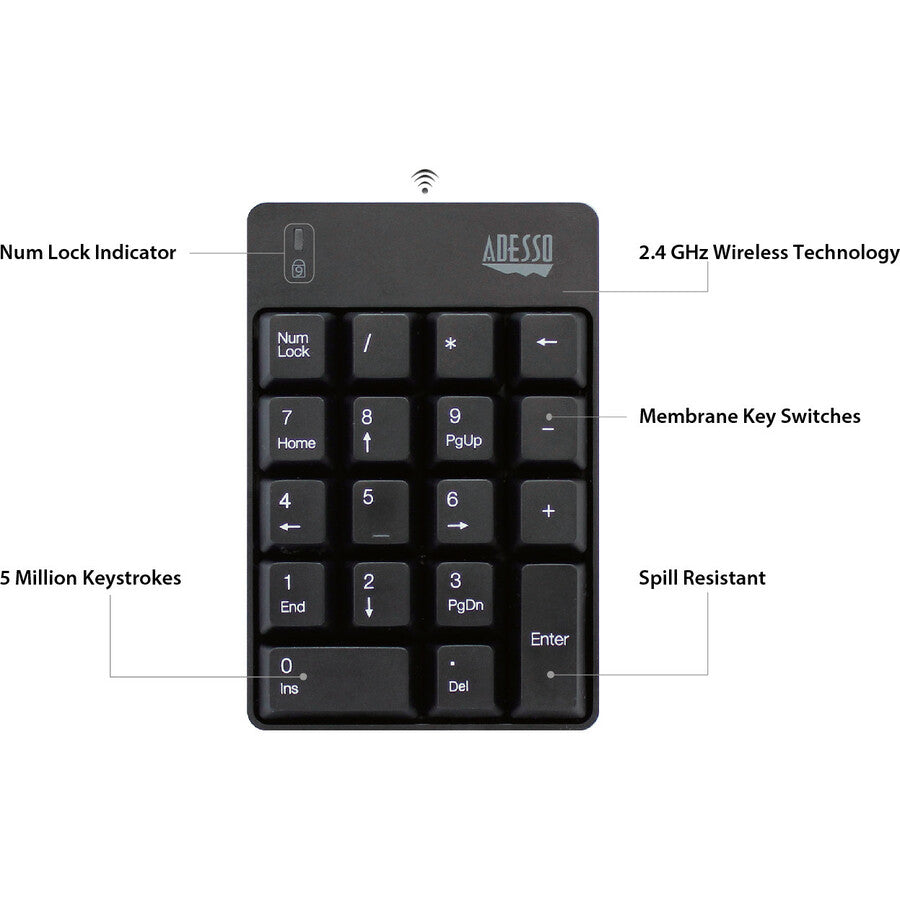 Adesso Wireless Spill Resistant 18-Key Numeric Keypad