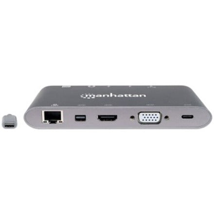 Manhattan USB-C Dock/Hub with Card Reader, Ports (x8): USB-C to HDMI, Audio 3.5mm, Ethernet, Mini DisplayPort, USB-A (x3) and USB-C, With Power Delivery to USB-C Port (60W), Cable 20cm, Aluminium, Grey, Three Year Warranty, Retail Box