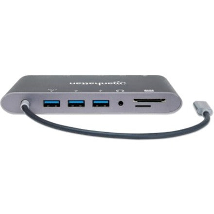 Manhattan USB-C Dock/Hub with Card Reader, Ports (x8): USB-C to HDMI, Audio 3.5mm, Ethernet, Mini DisplayPort, USB-A (x3) and USB-C, With Power Delivery to USB-C Port (60W), Cable 20cm, Aluminium, Grey, Three Year Warranty, Retail Box