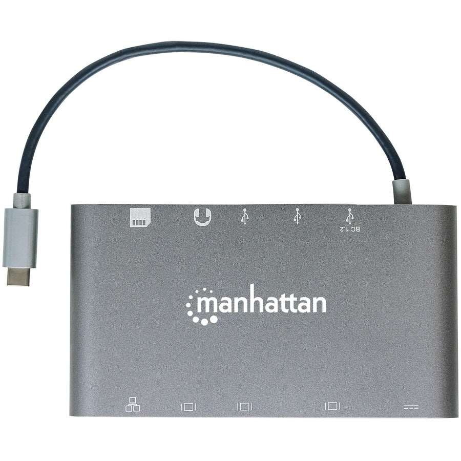 Manhattan USB-C Dock/Hub with Card Reader, Ports (x8): USB-C to HDMI, Audio 3.5mm, Ethernet, Mini DisplayPort, USB-A (x3) and USB-C, With Power Delivery to USB-C Port (60W), Cable 20cm, Aluminium, Grey, Three Year Warranty, Retail Box