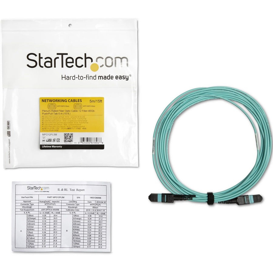 StarTech.com 5m (16.4ft) MTP(F)/PC OM3 Multimode Fiber Optic Cable, OFNP Plenum, 50/125µm, 40G, Low Insertion Loss, MPO Fiber Jumper Cord
