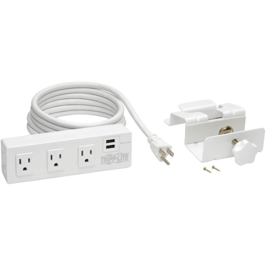 Eaton Tripp Lite Series 3-Outlet Surge Protector with 2 USB Ports, 10 ft. (3.05 m) Cord - 510 Joules, Desk Clamp, White Housing