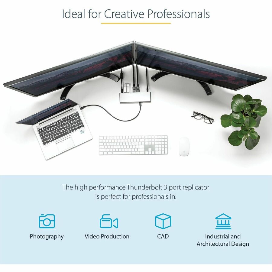 StarTech.com Thunderbolt 3 Dock, Dual 4K 60Hz Monitor TB3 Docking Station with DisplayPort, HDMI & 1080p VGA, 85W Power Delivery, TAA
