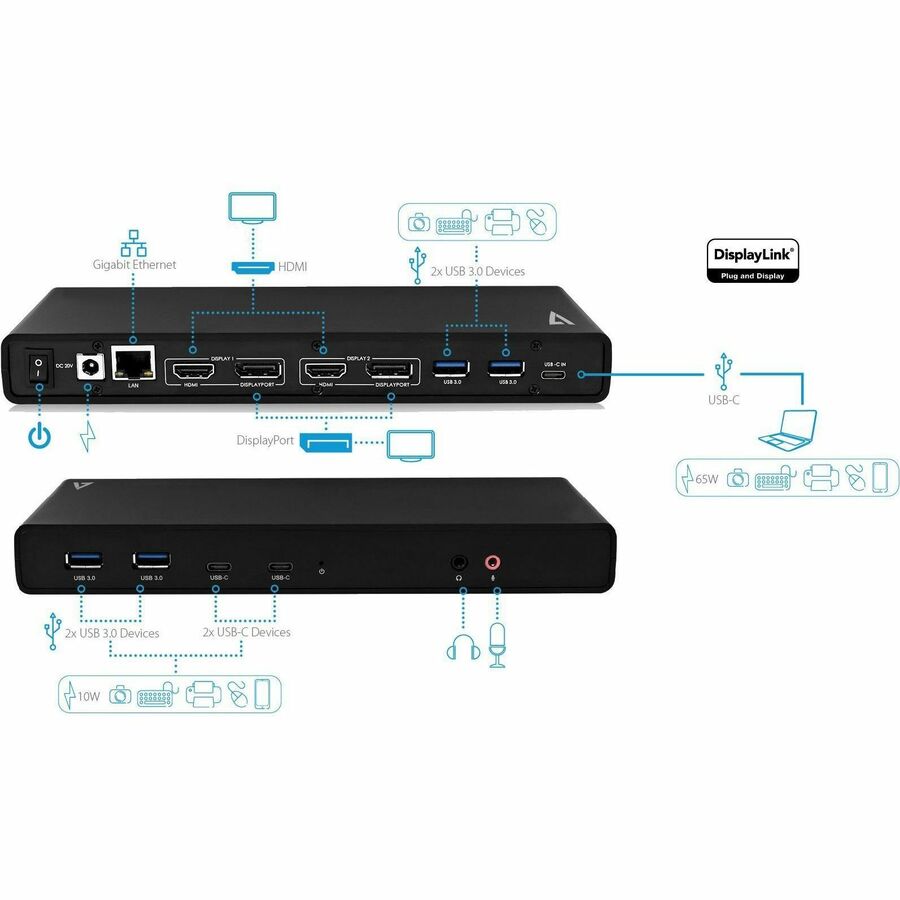 V7 Dual DisplayLink 4K Universal Docking Station with USB-C Power Delivery