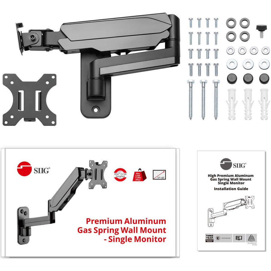 High Premium Aluminum Gas Spring Wall Mount - Single Monitor 17" to 34" - weight up to 19.8 lbs