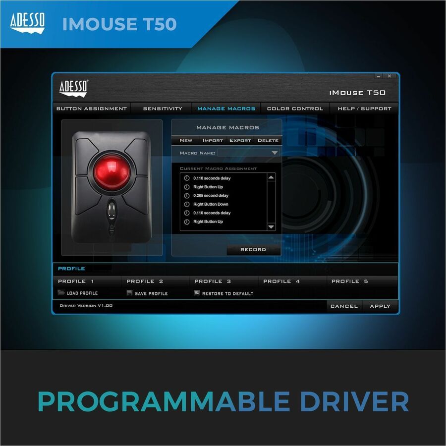 Adesso iMouse T50 Wireless Programmable Ergonomic Trackball Mouse