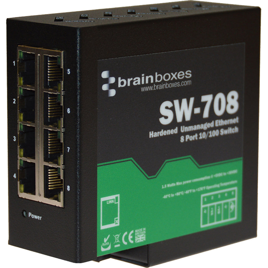 Brainboxes Hardened Industrial Ethernet 8 Port Switch DIN Rail Mountable