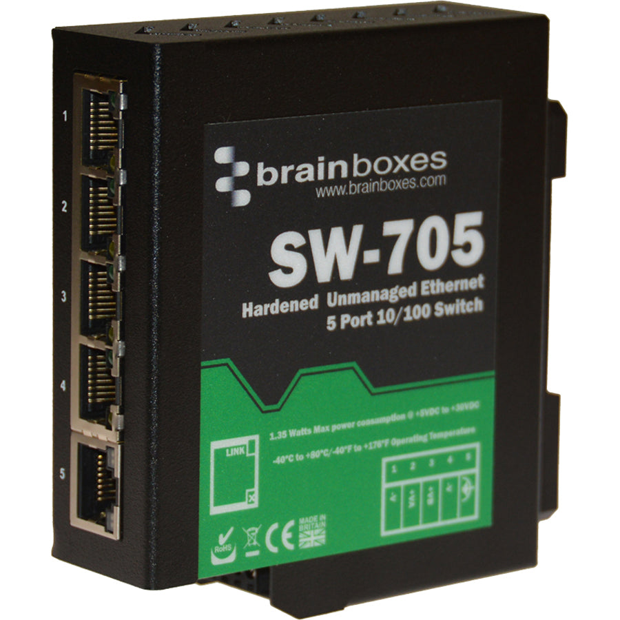 Brainboxes Industrial Hardened Ethernet 5 Port Switch DIN Rail Mountable