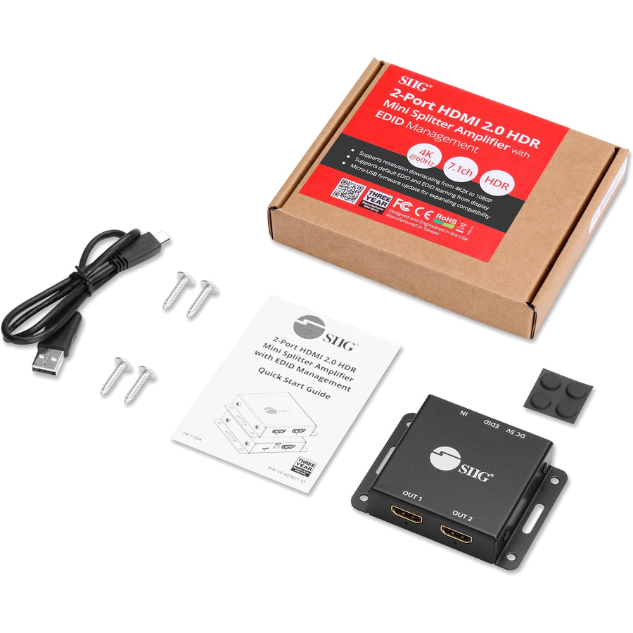 SIIG 2-Port HDMI 2.0 HDR Mini Splitter Amplifier with EDID Management