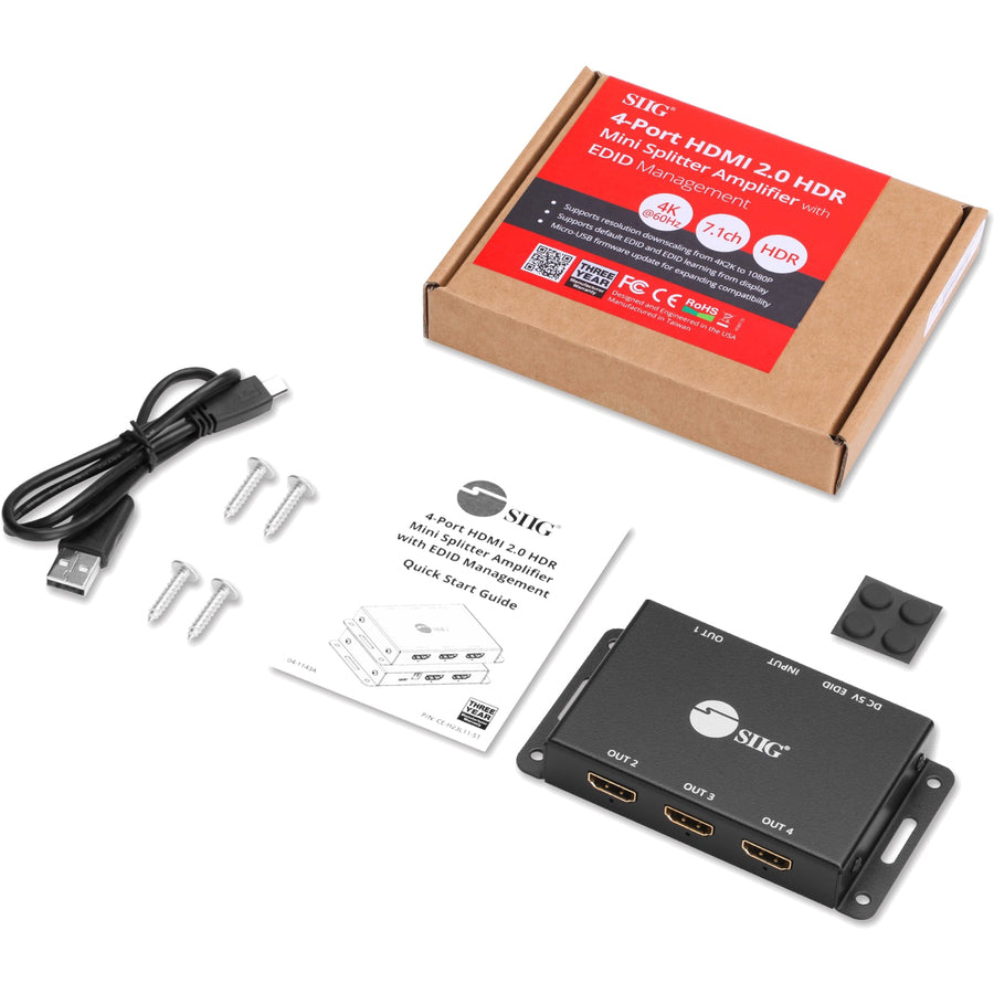 SIIG 4 Port HDMI 2.0 HDR Mini Splitter Amplifier with EDID Management