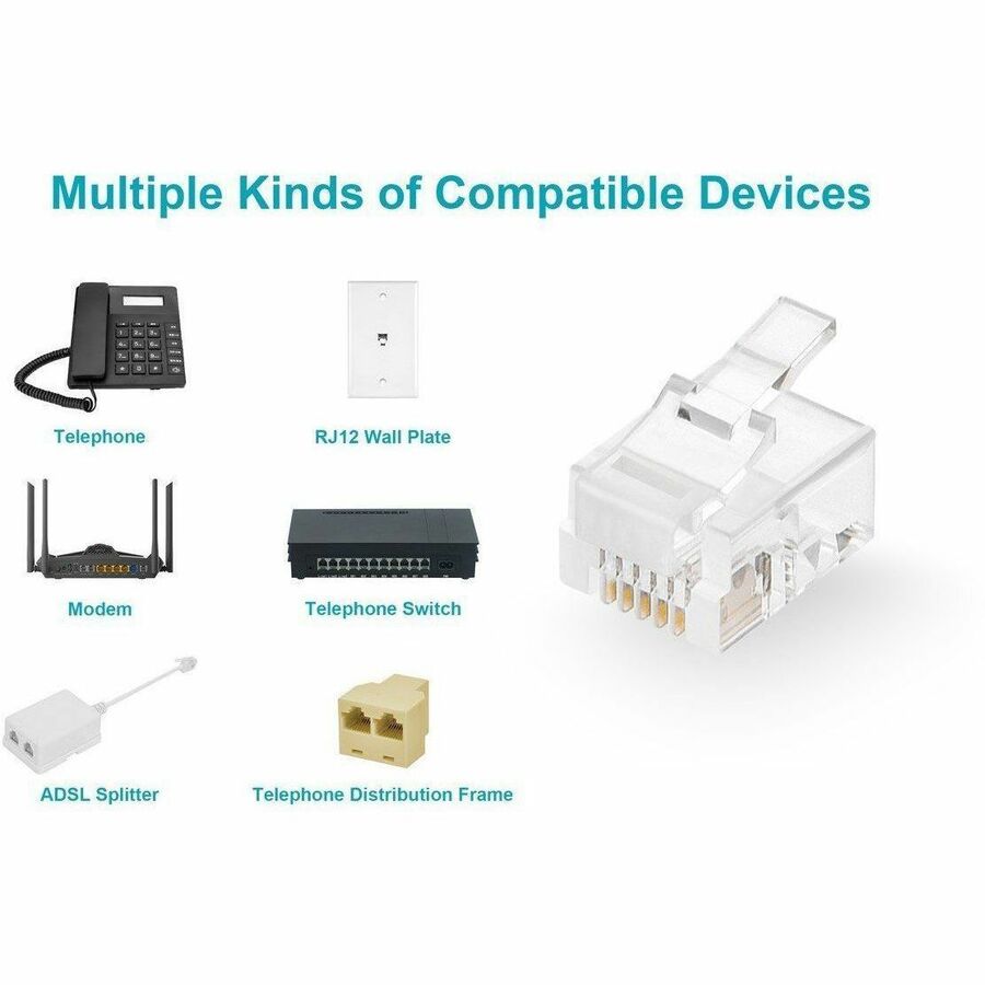 Monoprice 6P6C RJ12 Modular Plugs for Flat Solid/Stranded Cable, 1u, 2 Prongs Clear, 50-PK