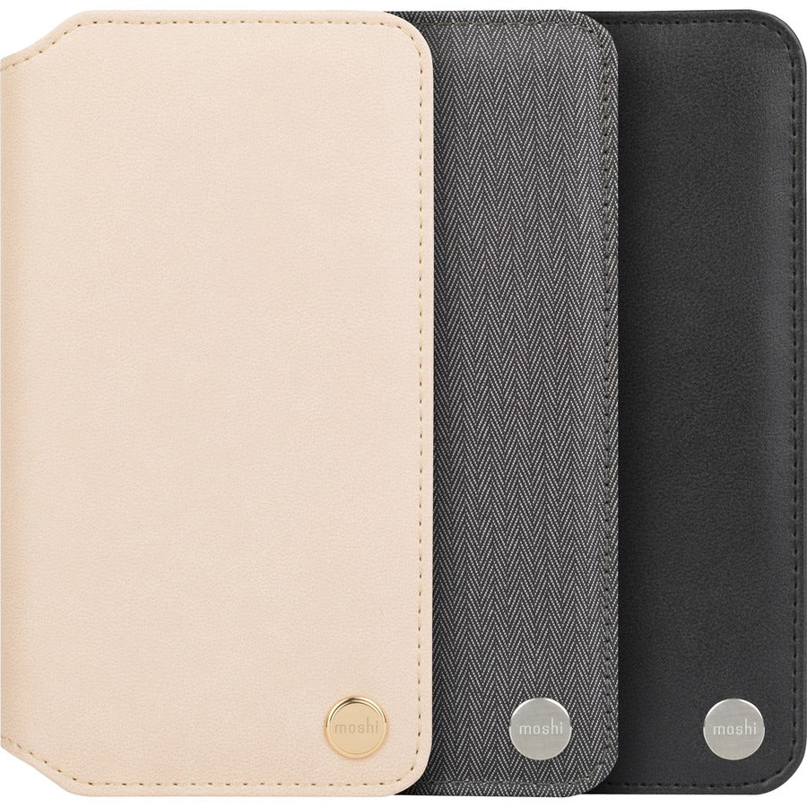 This stylish folio-style vegan leather wallet case can carry your cards and cash, while protecting your iPhone. With a simple flip, Overture turns into a convenient stand for watching videos and browsing the web.