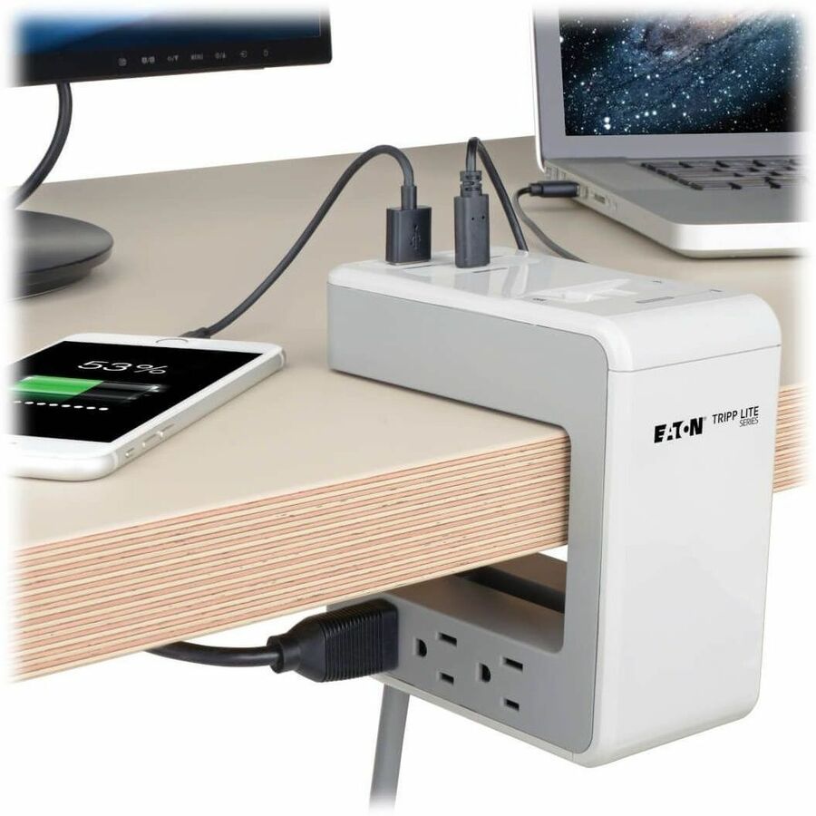 Eaton Tripp Lite Series 6-Outlet Surge Protector w/2 USB-A (4.8A Shared) & 1 USB-C (3A) - 8 ft. (2.43 m) Cord, 1080 Joules, Desk Clamp