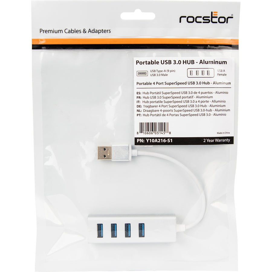 Rocstor Premium Portable 4 Port SuperSpeed Mini USB 3.0 Hub - Aluminum Silver - USB - External - 4 USB Ports Female - 4 USB 3.0 Ports - PC, Mac - 6 in Mini Hub with Built-in SuperSpeed Cable 5Gbps