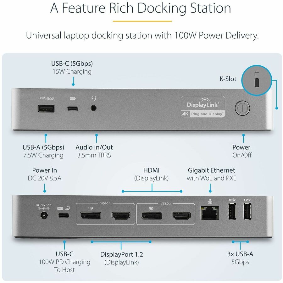 StarTech.com Universal Laptop Docking Station, Hybrid USB-C & USB-A Dock, Dual 4K DP & HDMI, 100W PD, Mac / Windows / Chrome OS, GbE