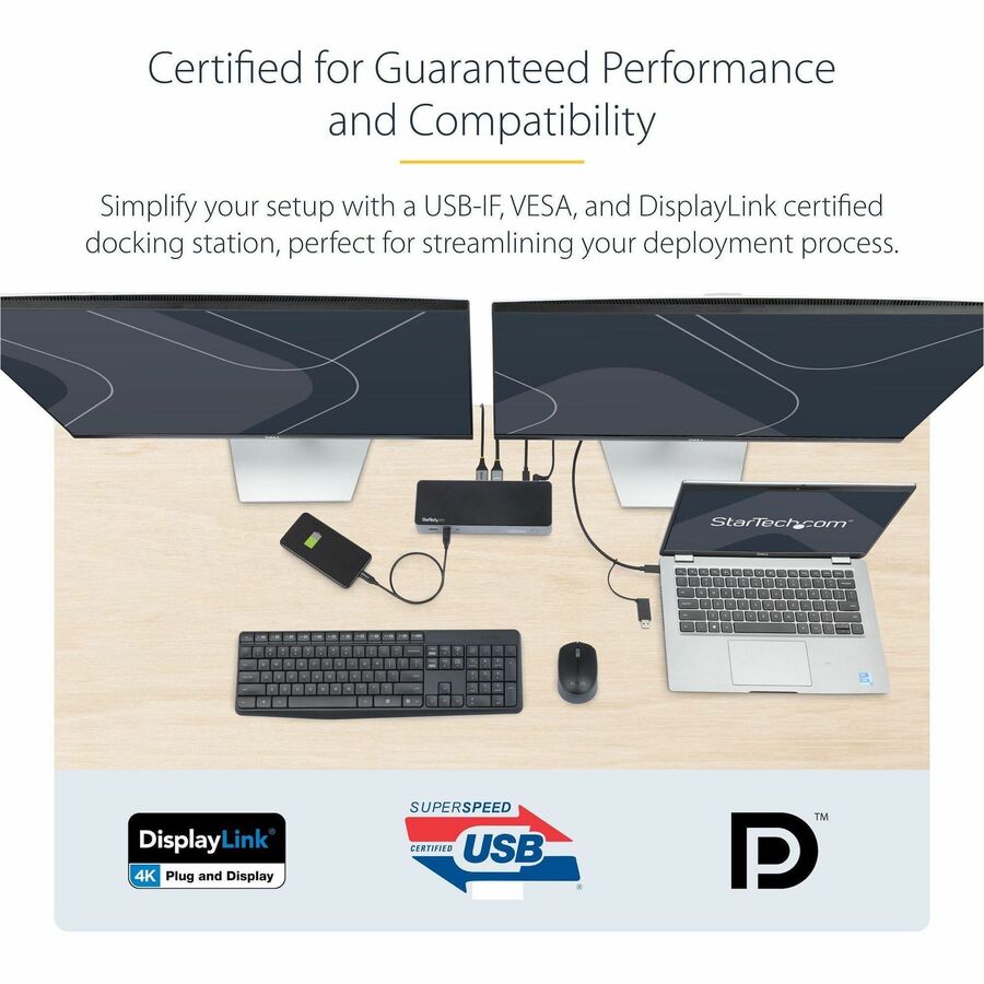 StarTech.com Universal Laptop Docking Station, Hybrid USB-C & USB-A Dock, Dual 4K DP & HDMI, 100W PD, Mac / Windows / Chrome OS, GbE