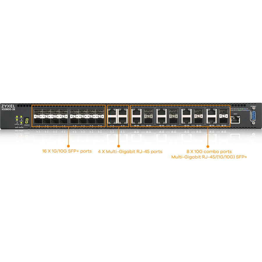 ZYXEL XS3800-28 24-port 10G Multi-Gigabit L3 Managed Aggregation Switch with 16 SFP+ 10G Ports, 8 10G Combo (SFP+/RJ-45) Ports and 4 10G Ethernet Ports