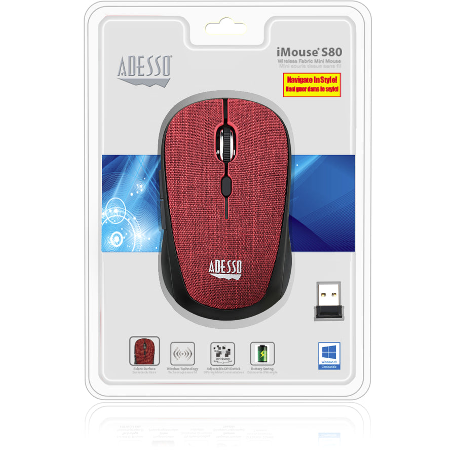 Adesso iMouse S80R - Wireless Fabric Optical Mini Mouse (Red)
