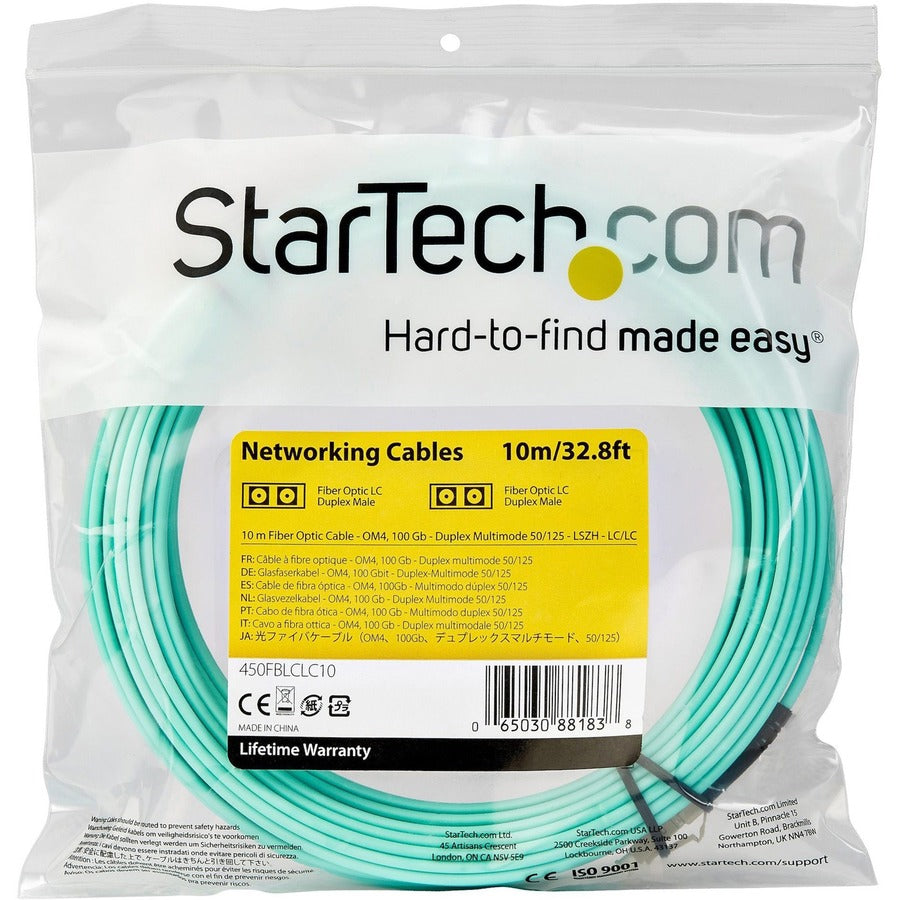 StarTech.com 10m (30ft) LC/UPC to LC/UPC OM4 Multimode Fiber Optic Cable, 50/125µm, 100G, Low Insertion Loss, LSZH Fiber Jumper Cord