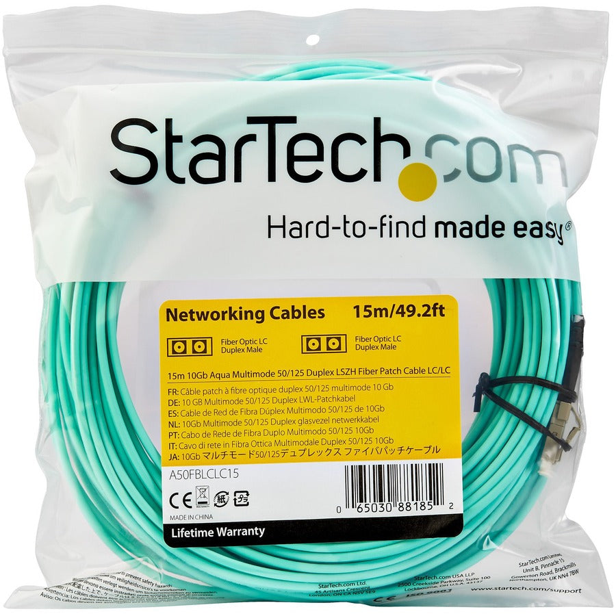StarTech.com 15m (50ft) LC/UPC to LC/UPC OM3 Multimode Fiber Optic Cable, Full Duplex 50/125 Zipcord, 100G, LSZH Fiber Jumper Cord