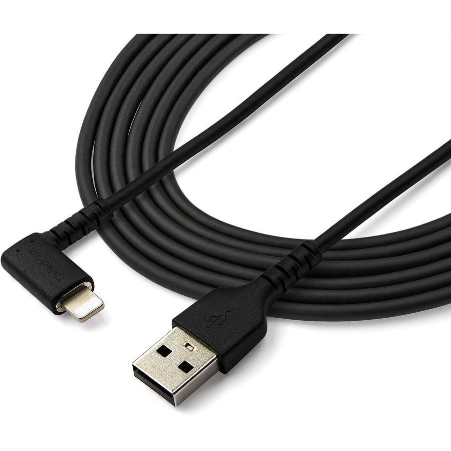 StarTech.com 2m USB A to Lightning Cable iPhone iPad Durable Right Angled 90 Degree Black Charger Cord w/Aramid Fiber Apple MFI Certified