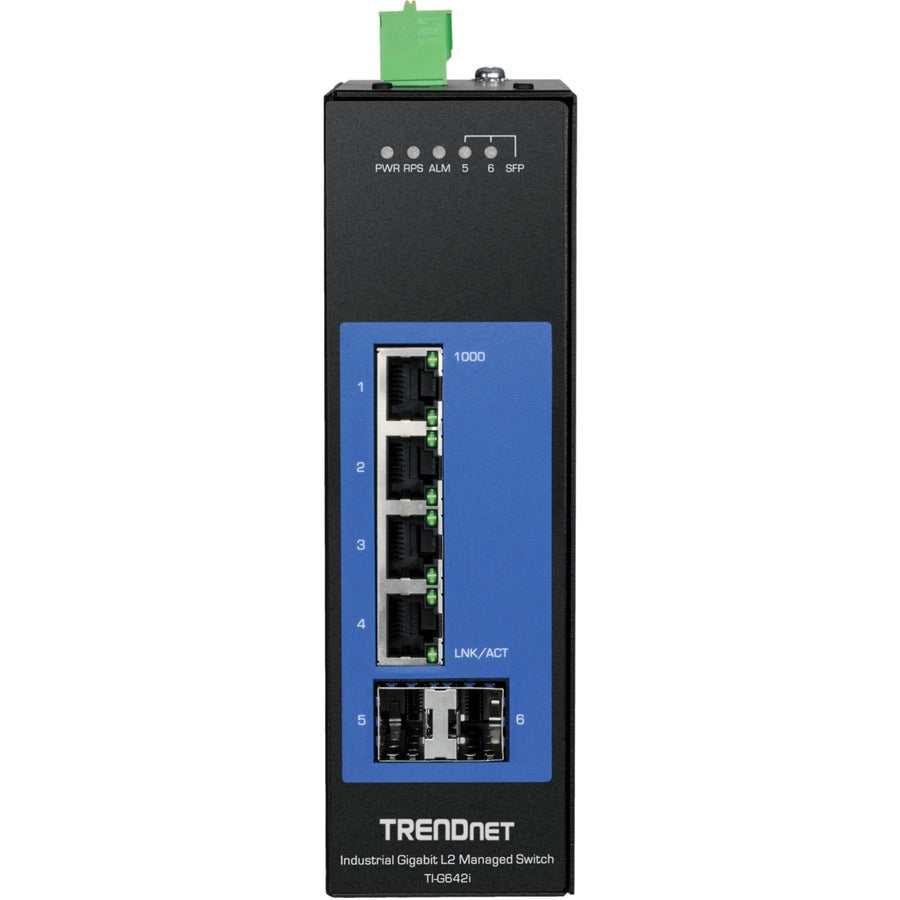 TRENDnet 6-Port Industrial Gigabit L2 Managed DIN-Rail Switch; 4 x Gigabit Ports; 2 x SFP Slots; DIN-Rail Mount; IP30; VLAN; QoS; LACP; STP/RSTP; Bandwidth management; Lifetime Protection; TI-G642i